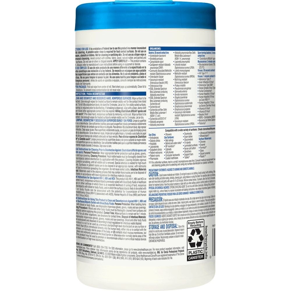 The back of a bleach germicidal wipes canister.
