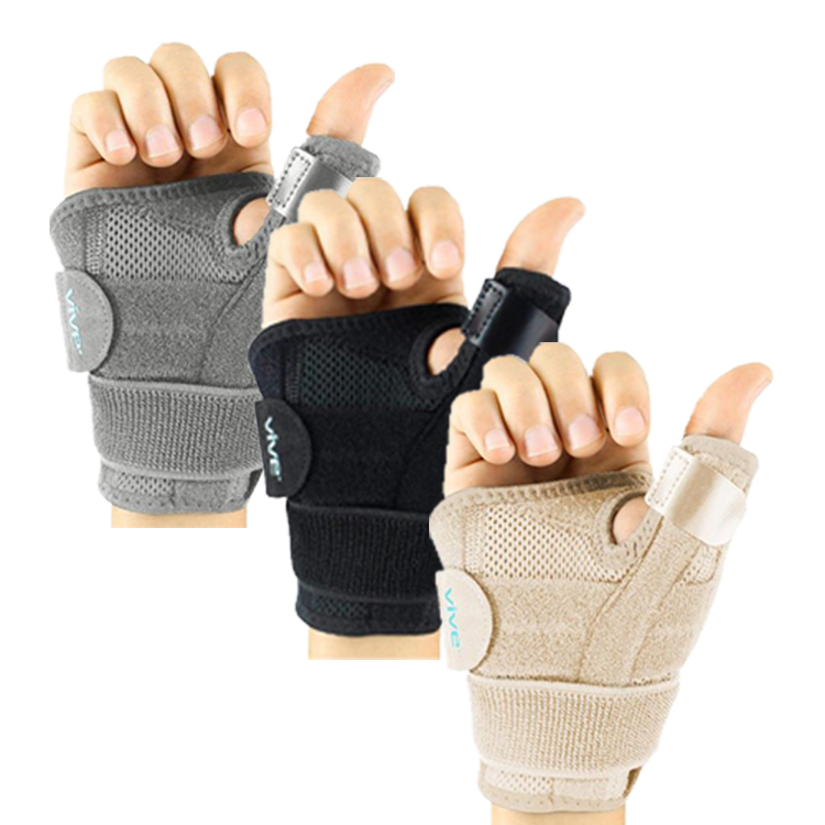 Vive Arthritis Thumb Splint Spica Support Brace in black, gray, and beige