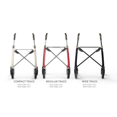 Rollators: Compact Track - White, Regular Track - Red, Wide Track - Black
