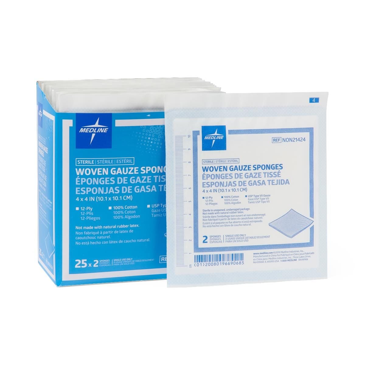 Medline NON21424 Woven 4 x 4 Inch Gauze Sponges 12 Ply, Sterile
