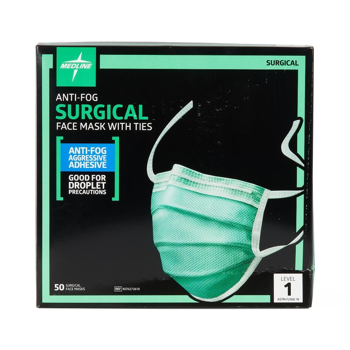 Medline ASTM Level 1 Surgical Face Mask, Anti-Fog Aggressive Adhesive Tape, Green - NON27361A