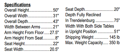 Lumex Deluxe Clinical Care Geri Chair Recliner Specifications