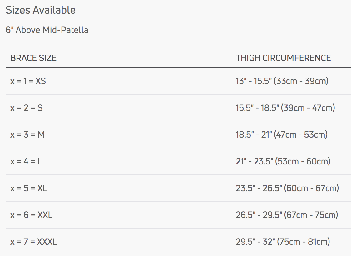 Knee Brace Size Chart