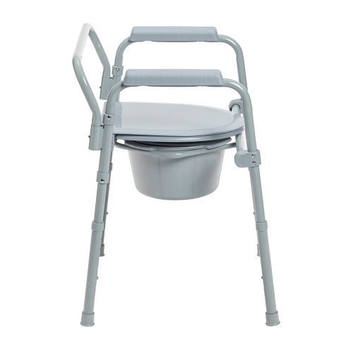 Side view of steel folding commode.