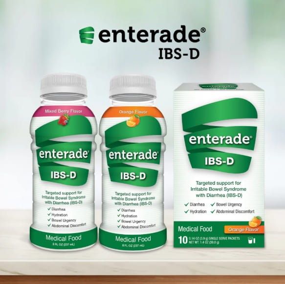 enterade IBS-D - mixed berry and orange flavor bottles and orange flavor box of 10 packets