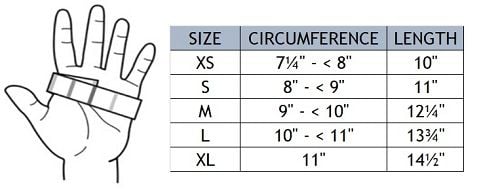 A sizing chart for the DonJoy Exos Boxer's Fracture Brace.