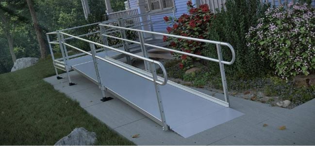 The ramp is set up on the sidewalk.