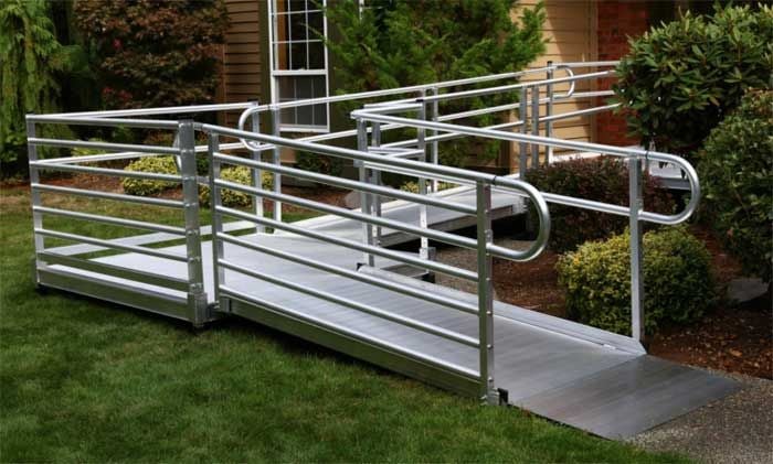 Solid Metal Ramp System with Vertical Picket Handrails