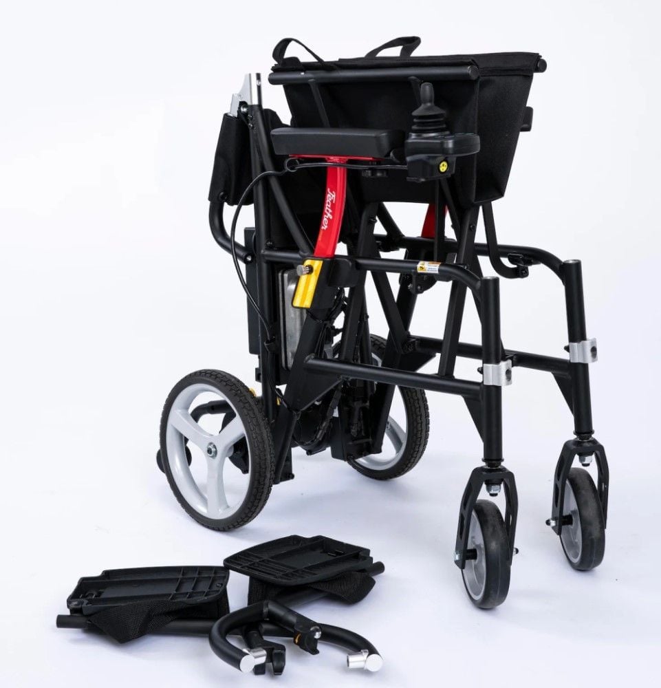 Folded power chair with footrests removed