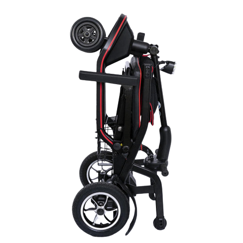 Feather Mobility Sooter folded and standing up on back wheels