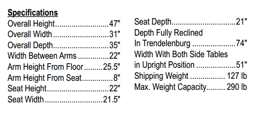 FR565WG Recliner Specifications