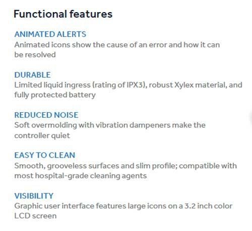 Product features include animated alerts, durability, reduced noise, easy cleaning, and visibility