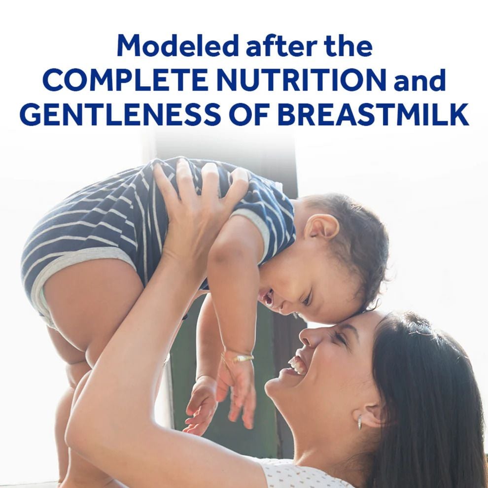 A picture of a mother playing with her baby underneath blue text that reads, "Modeled after the complete nutrition and gentleness of breastmilk."