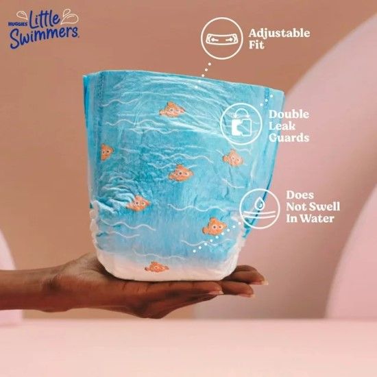 A Huggies Little Swimmers diaper with features.