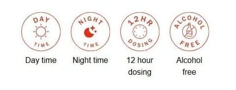 Daytime, nighttime, 12-hour dosing, alcohol-free