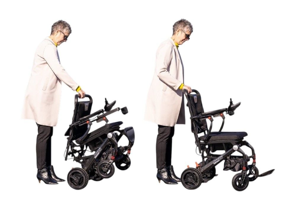 A woman folding and unfolding the Jazzy chair