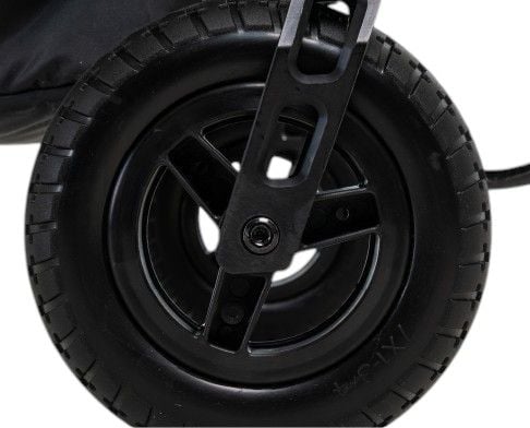 Closeup view of rear caster