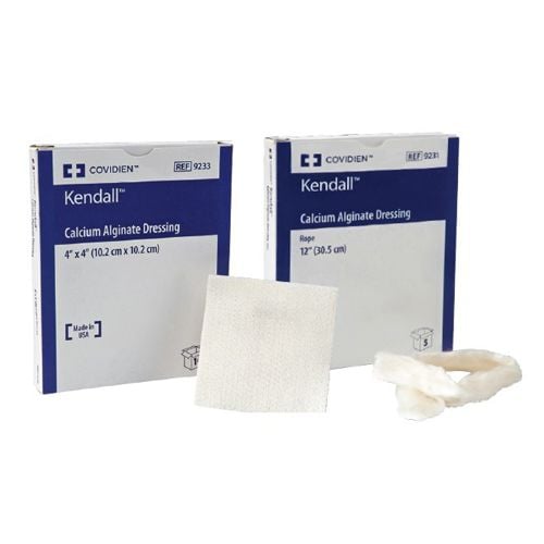 Calcium alginate square dressing and dressing rope displayed side by side