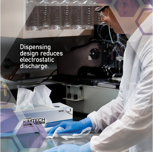 Box of Kimwipes features a dispenser that reduces electrostatic discharge for use in a laboratory.