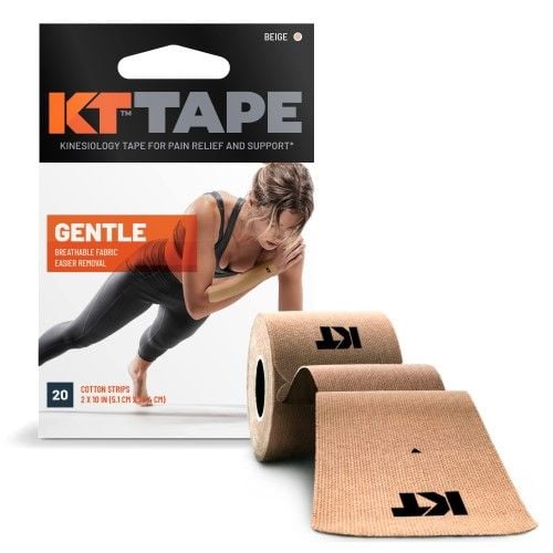 Beige KT Tape Gentle Tape next to its packaging