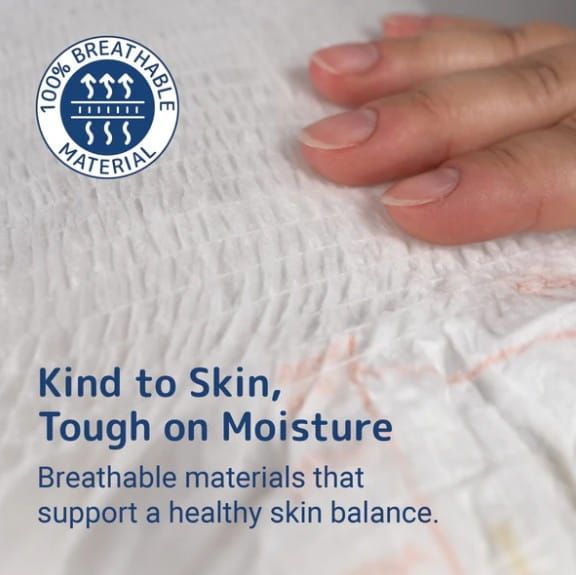 100% breathable material | Kind to skin, tough on moisture | Breathable materials that support a healthy skin balance