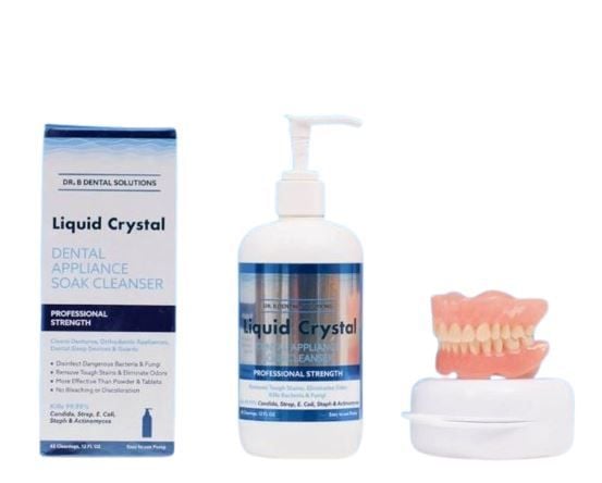 Dr B Dental Solutions Liquid Crystal Soak Cleanser, Box, Dentures, and Case (Dentures and Case Not Included With Purchase)