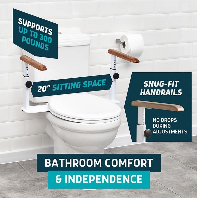 Supports Up to 300 Pounds. 20" Sitting Space. Snug-Fit Handrails. No Drops During Adjustments. Bathroom Comfort & Independence