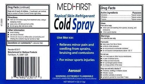 The front and back labels of the Medi-First Cold Spray.