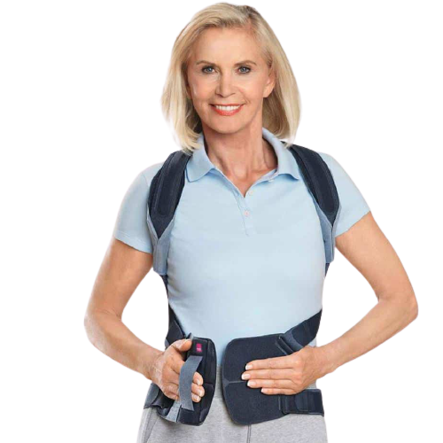 A woman putting on the Spinomed IV brace.