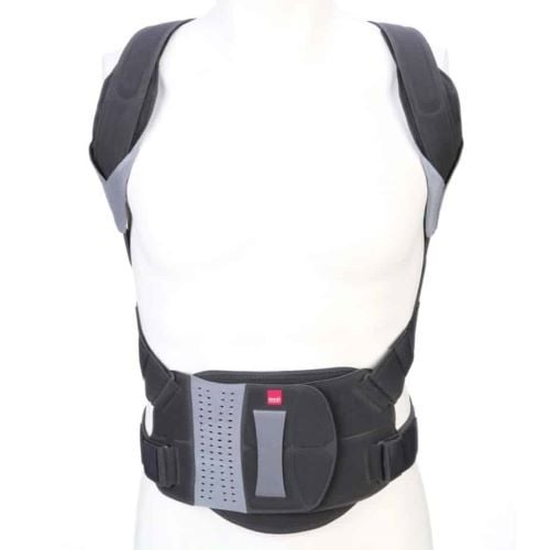 A mannequin wearing the fastened Spinomed brace.