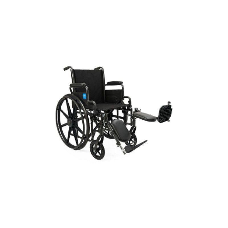 Wheelchair with calf pads and elevated leg rests.