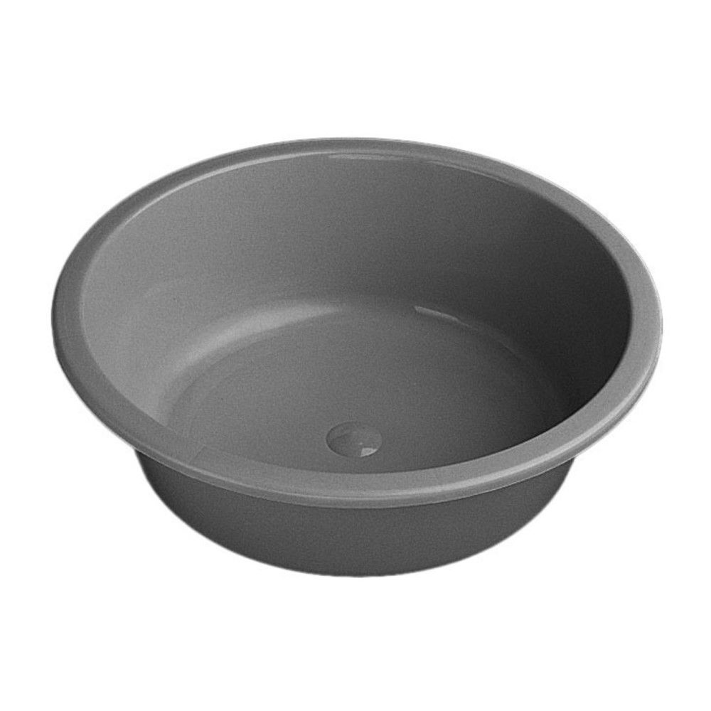 A top view of a grey plastic round washbasin.