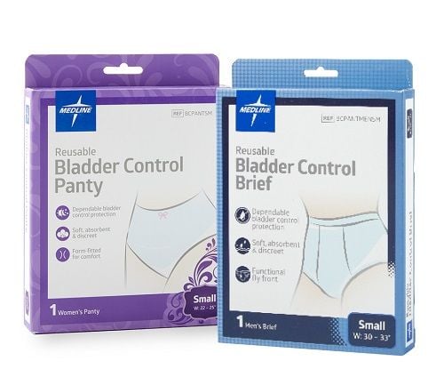 The Medline Reusable Incontinence Pants packaging, male and female.