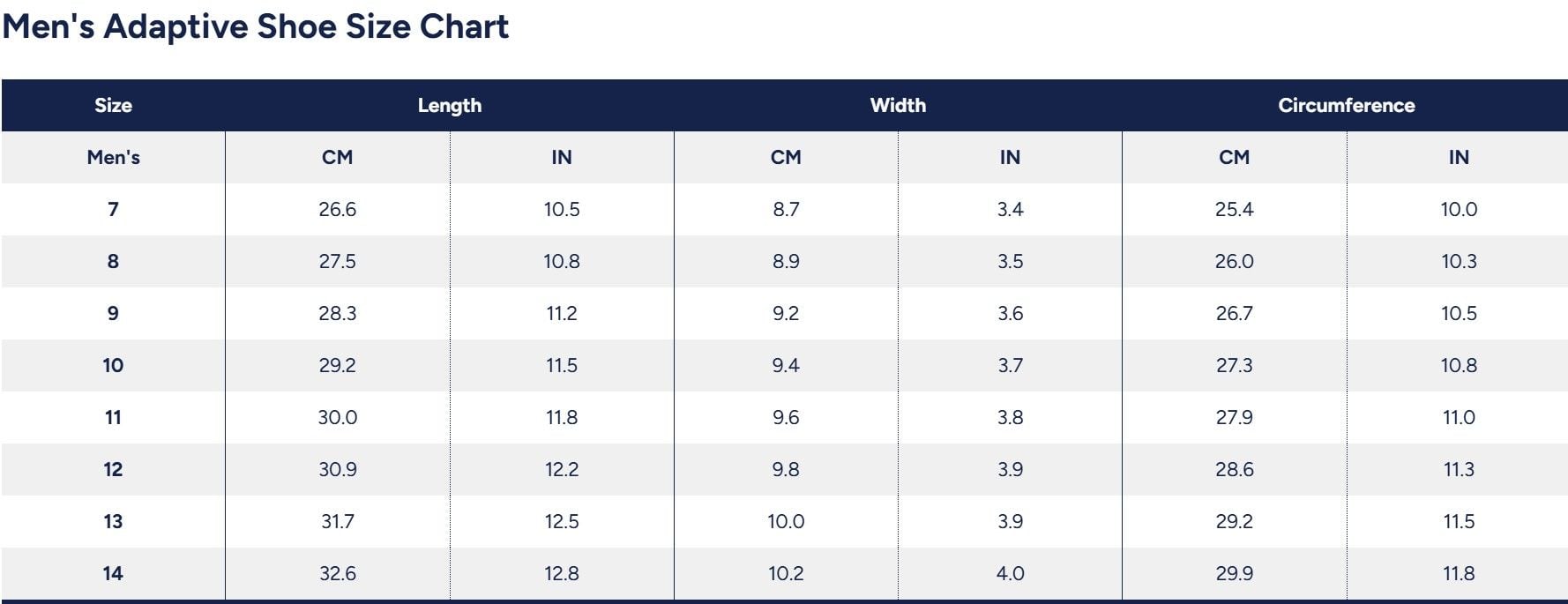 Men's Adaptive Shoe Size Chart