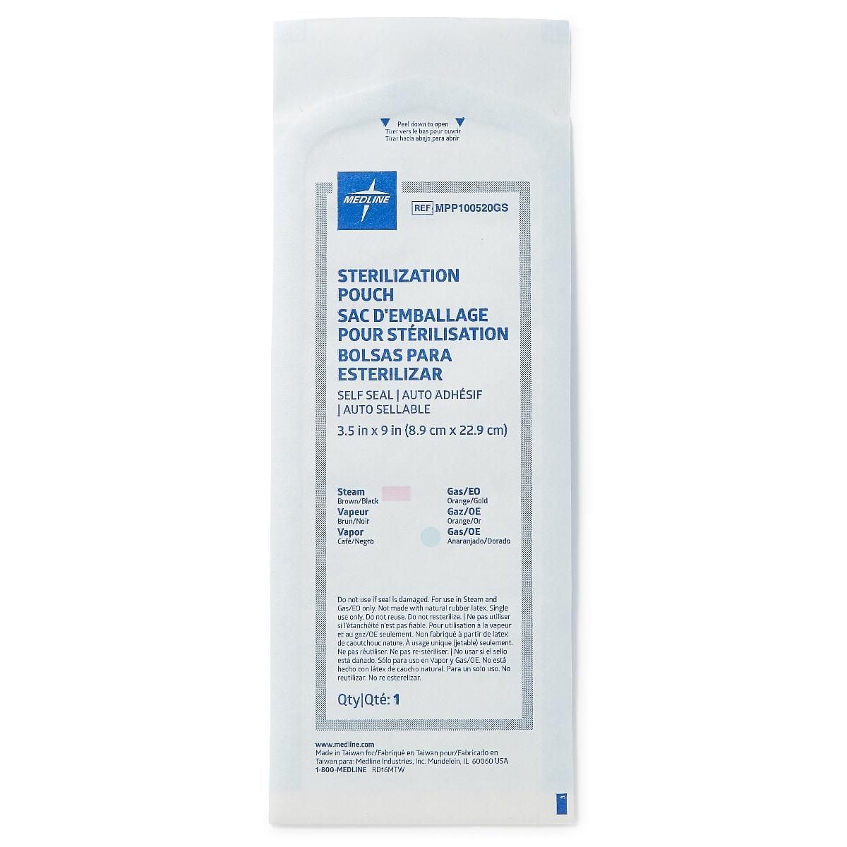Medline Self-Seal Sterilization Pouches for Steam and Gas, 3-1/2 x 9 in. to 12 x 15 in.