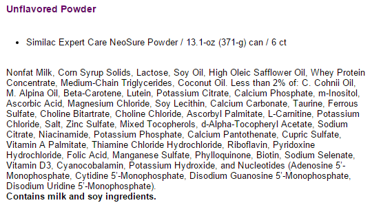 Similac Expert Care NeoSure Powder Ingredients