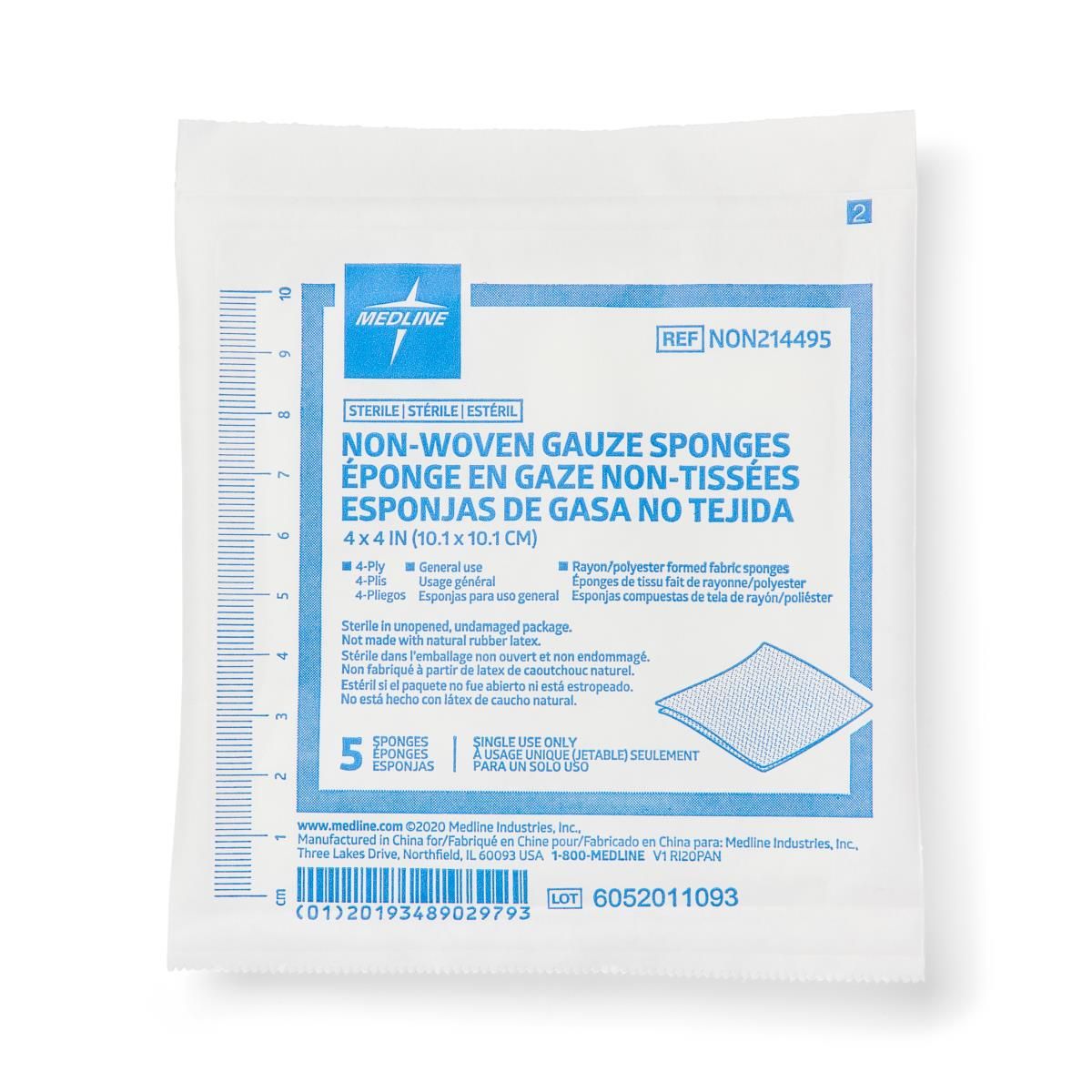 Medline Standard Sterile Nonwoven Gauze Sponges, 4 x 4 in., 4-Ply - NON214495