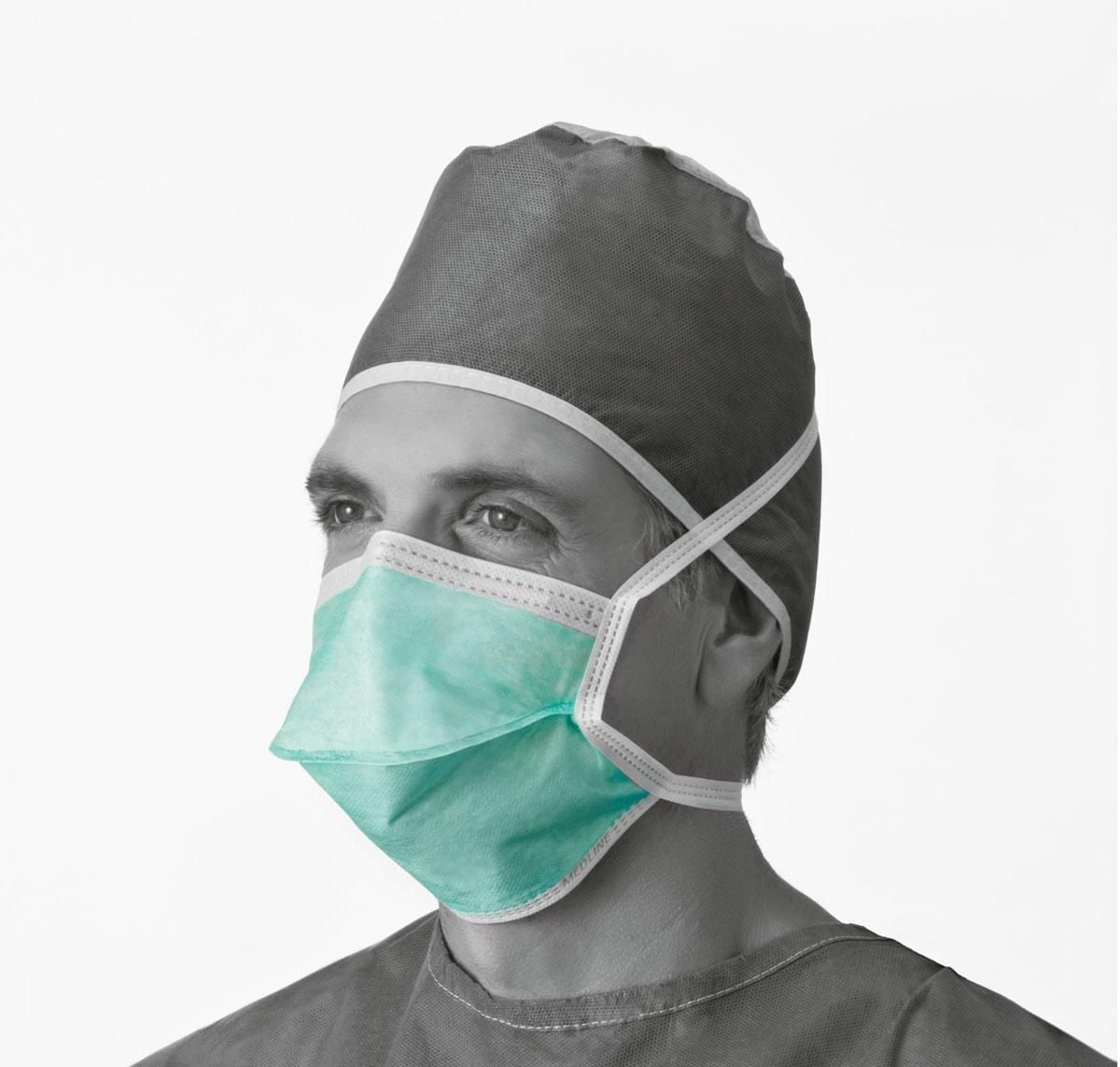 Medline ASTM Level 1 Duckbill Surgical Face Mask with Ties, Anti-Fog, Green Polypropylene - NON27373A