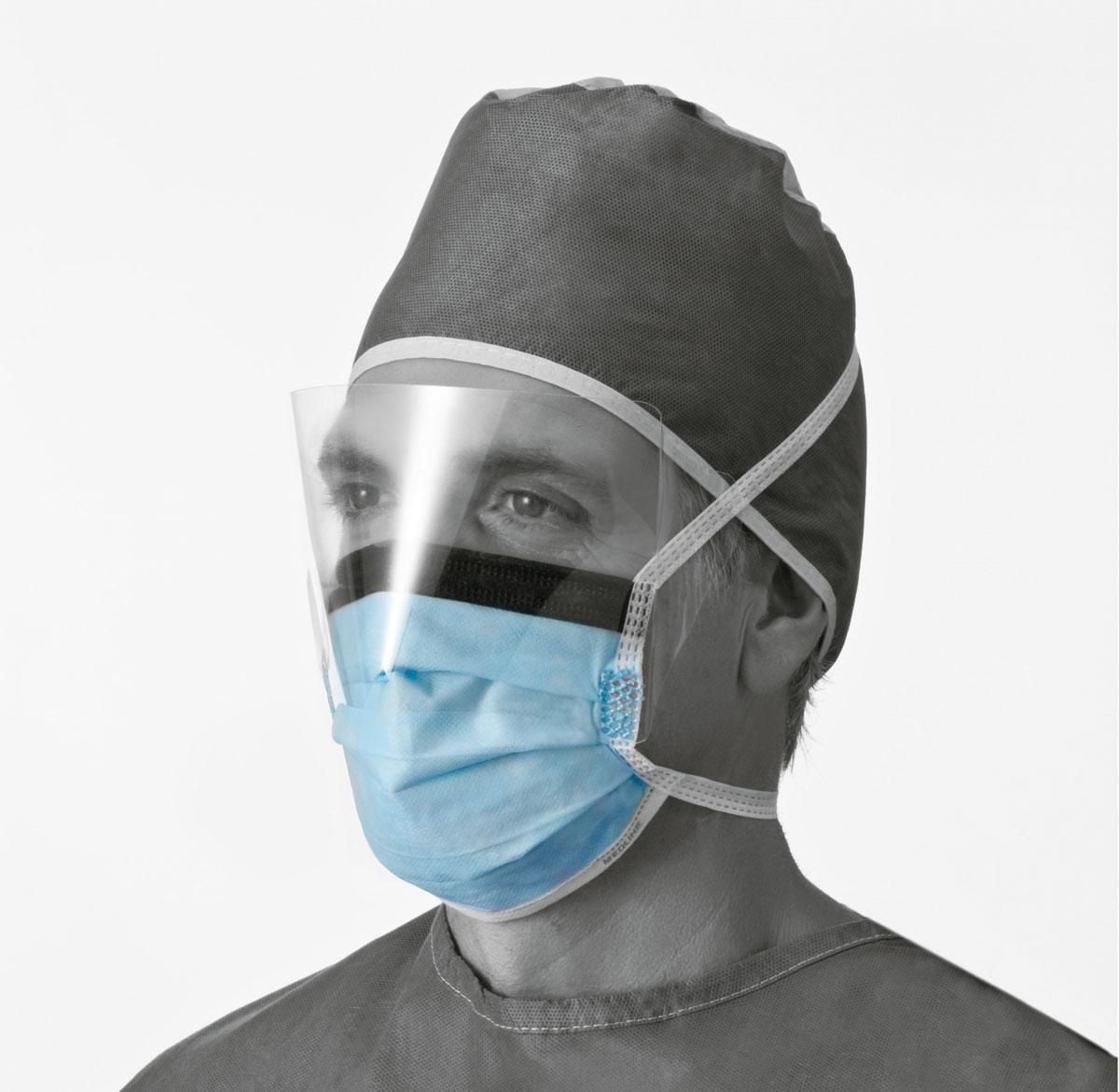 Medline ASTM L1 Surgical Face Mask with Anti-Fog, Shield, and Ties, Blue - NON27420