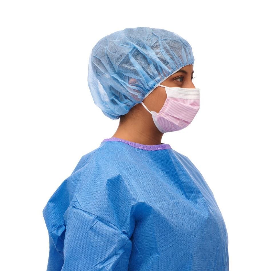 Woman Wearing Pink Striped Cellulose Mask With Earloops