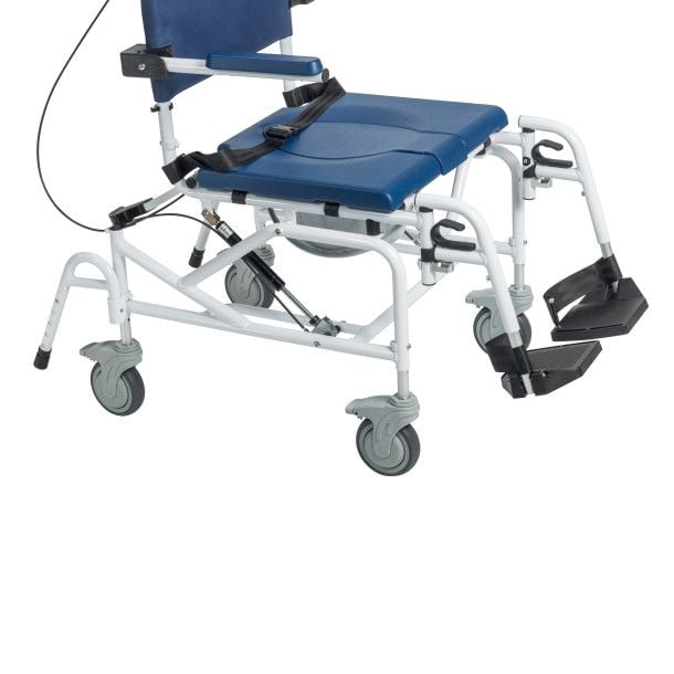 Close up view of footrests and casters