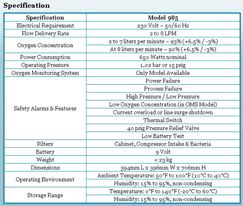 Nuvo 8 Oxygen Concentrator Specifications