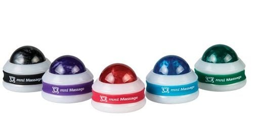 The Omni Mini Massage Rollers in black, purple, red, blue, and green.