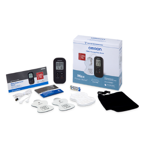 The OMRON PM500 unit with electrode cords, pads, pad holder, carry case, batteries, and packaging.