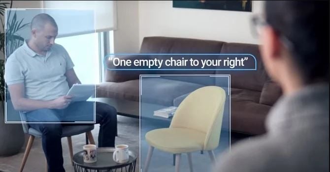 The OrCam MyEye visual aid scans the area in front of users. It can recognize furniture, doors, people, and more.