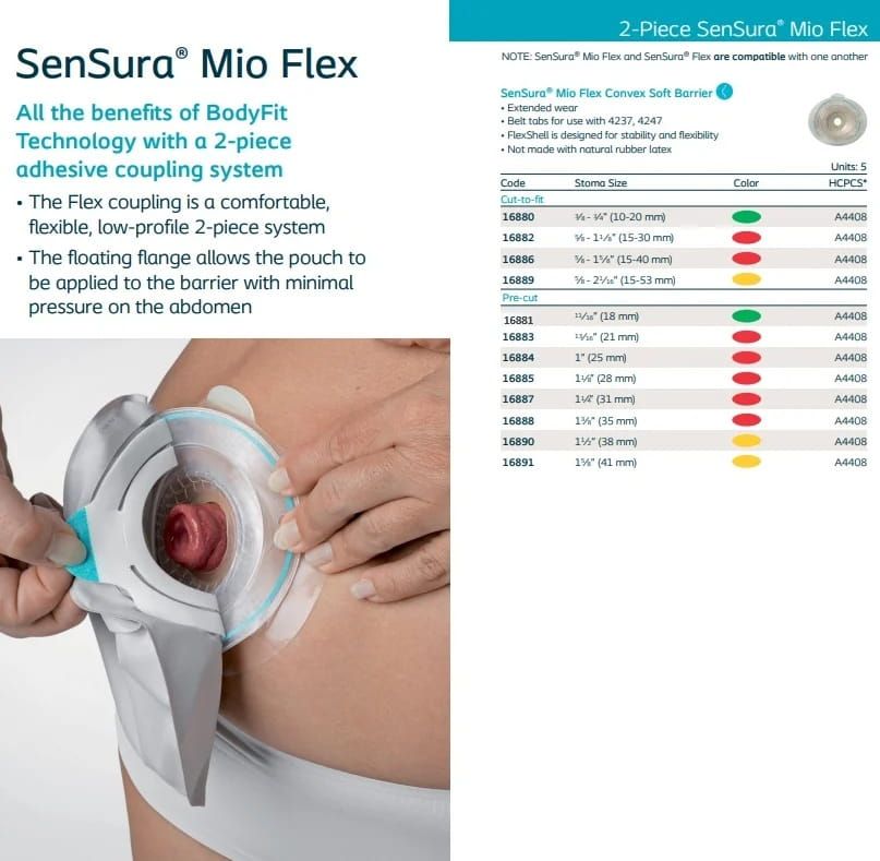SenSura Mio Flex - All the benefits of BodyFit Technology with a 2-piece adhesive coupling system. The flex coupling is a comfortable, flexible, low-profile 2-piece system. The floating range allows the pouch to be applied to the barrier with minimal pres