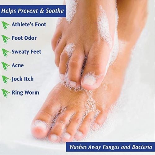 Feet being washed with FungaSoap. Indicated for athlete's foot, odor, sweaty feet, acne, jock itch, and ring worm.