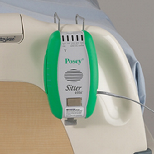 Sitter Elite Fall Monitor Alarm Mounted on Hospital Bed