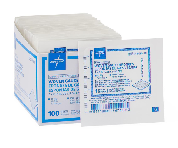Medline PRM21419 2 x 2 Inch Woven Gauze Sponges 12 Ply, Sterile