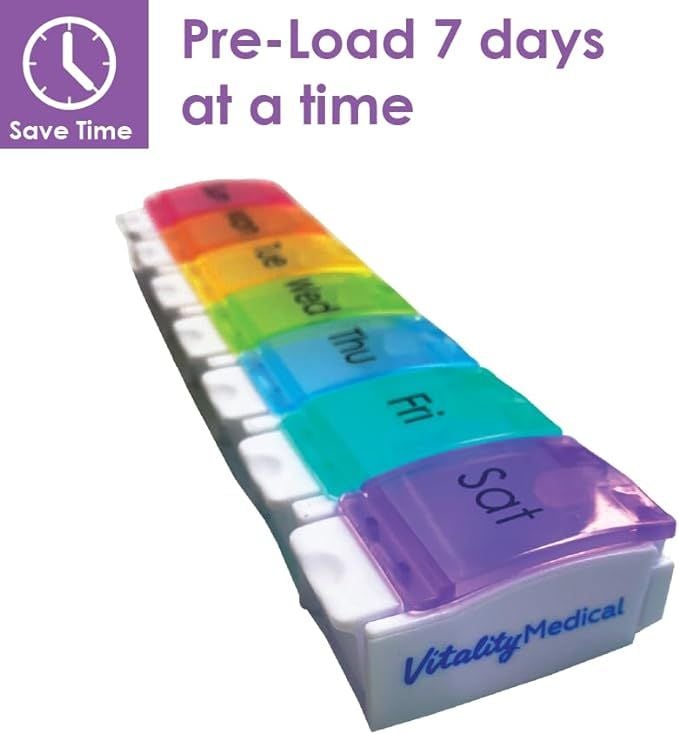 Multi-Color Pill Organizer pre-load seven days of medication to save time